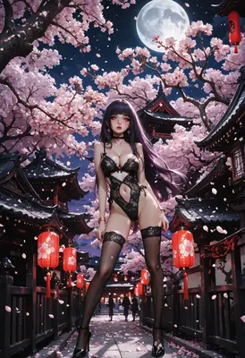 Moonlit Sakura Shrine Lingerie Beauty