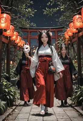 Shrine Maidens Under Glowing Lanterns