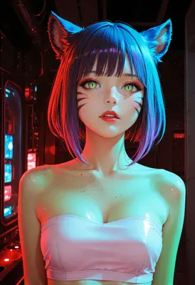 Neon Cat Girl in Cyberpunk Corridor