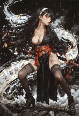 Black Kimono Warrior With Katana