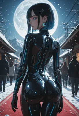 Cyborg Beauty Under Winter Moonlight
