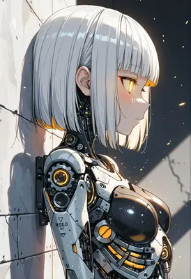 Cyborg Girl with Glowing Amber Eyes