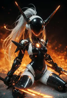 Cybernetic Warrior Kneeling Amidst The Flames