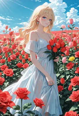 Blonde Girl Holding Red Tulips