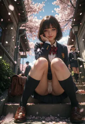 Schoolgirl Resting Beneath Cherry Blossoms