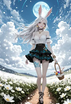 Moonlit Bunny Girl in Flower Field