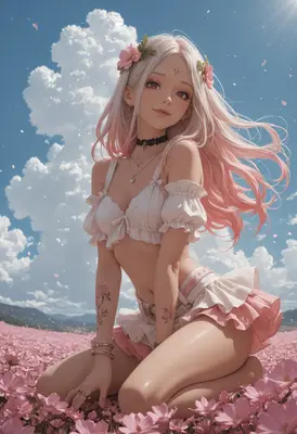 Pink Haired Beauty in Flower Field