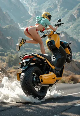 Bikini Rider Performing a Wheelie