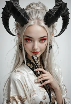Elegant Demon Maiden with Floral Fan