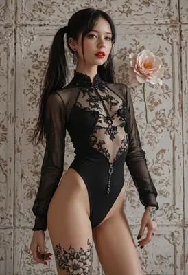 Ethereal Beauty in Black Lace Bodysuit