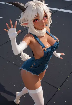 Cheerful Goat Girl in Denim Overalls