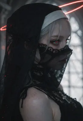 Gothic Nun with Glowing Red Halo