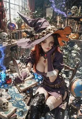Enchanting Witch Writing in Magical Library