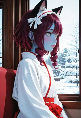 Blue Fox Girl by Snowy Window
