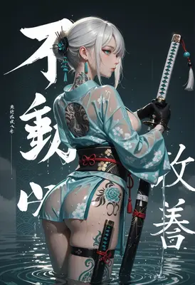 Tattooed Warrior in Azure Kimono