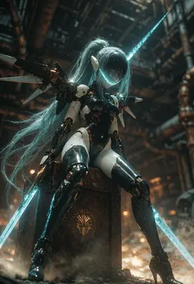 Cyborg Warrior Resting Amidst Industrial Ruins