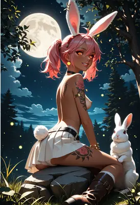 Moonlit Bunny Girl With Floral Tattoos