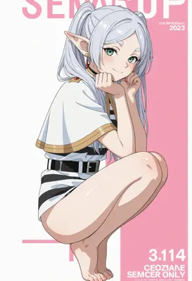 Frieren Crouching in Casual Attire