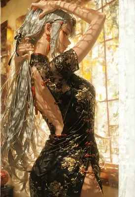 Elegant Silver Haired Beauty in Cheongsam
