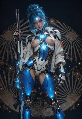 Blue Cybernetic Warrior with Rifle