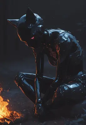 Crouching Cybernetic Cat Warrior