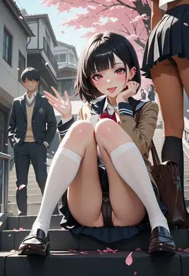 Playful Schoolgirl Sitting on Stairs