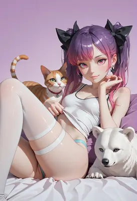 Anime Girl With Her Pet Companions