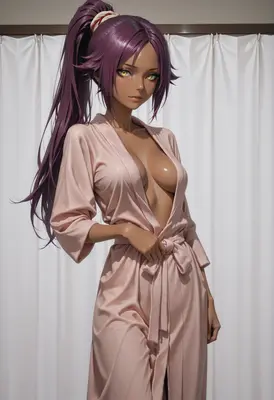 Purple Haired Beauty in Silk Robe