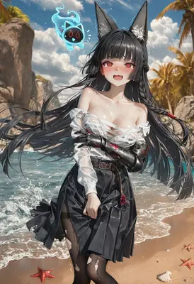 Wet Fox Girl by the Shore