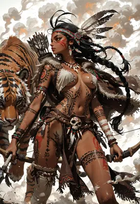 Tribal Huntress with Her Tiger Companion
