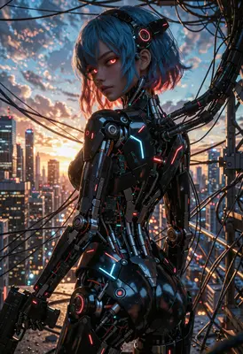 Cyborg Sentinel Overlooking the Neon City