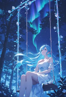 Blue Haired Girl Under Northern Lights