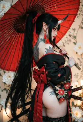 Oni Demon Maiden with Red Parasol