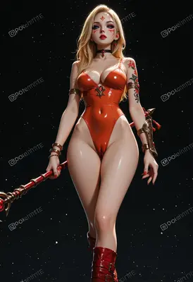 Blonde Warrior in Red Latex Bodysuit