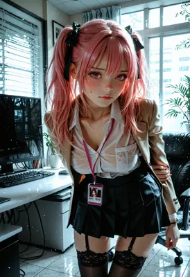 Drenched Office Intern with Pink Pigtails