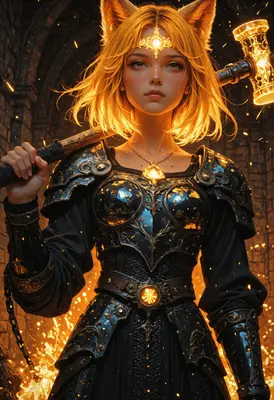Golden Fox Paladin with Glowing Hammer