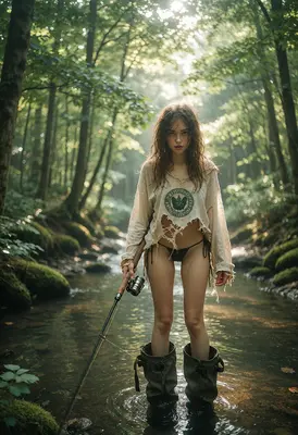 Forest Stream Angler in Sunlight