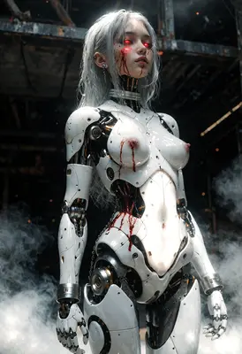 Damaged Android with Glowing Red Eyes