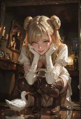 Blonde Girl Squatting With A Duck