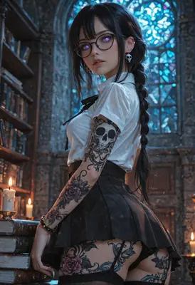 Gothic Scholar with Intricate Tattoos