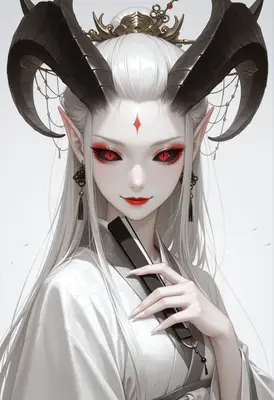 Elegant Demon Maiden with White Hair