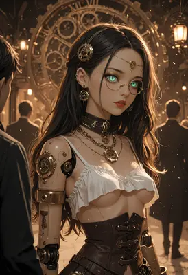 Steampunk Android in a Crowded Plaza
