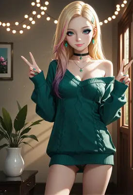 Cheerful Girl in Cozy Green Sweater