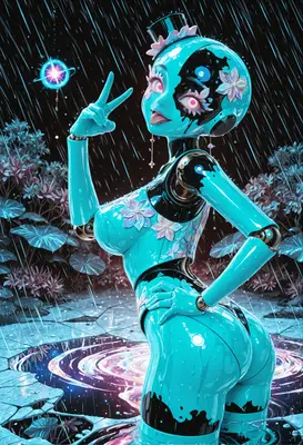 Neon Floral Android in the Rain