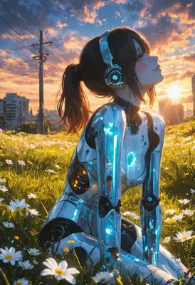 Cyborg Girl Resting in Flower Meadow