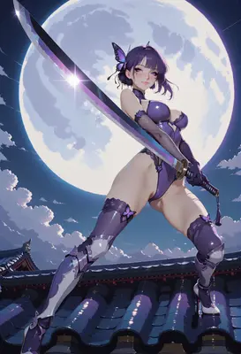 Moonlit Butterfly Warrior on Rooftop