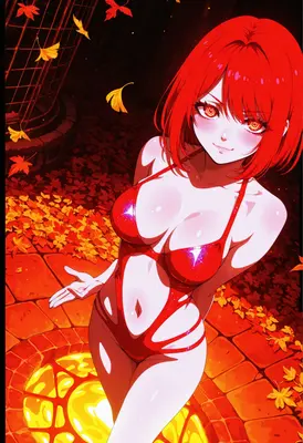 Fiery Crimson Maiden in Autumn Leaves