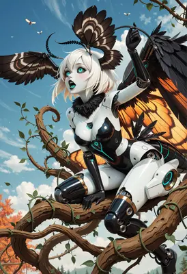 Cyborg Moth Girl Perched on Vine