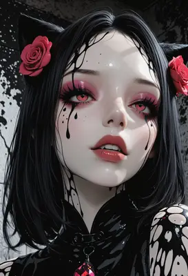Gothic Cat Girl with Red Roses