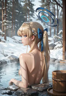 Serene Blonde Angel in Snowy Hot Spring